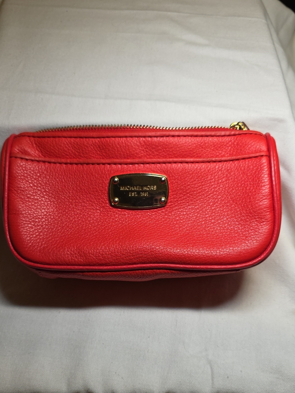 Michael Kors Red Pebbled Leather Jet Set Travel Pouch with Gold Plate